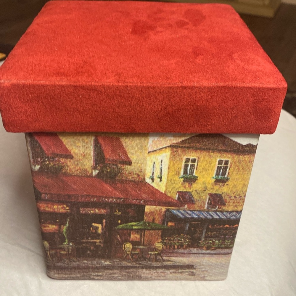 Once Upon a Rose Vintage Storage Box Red Suede Lid Outside Cafe European Print